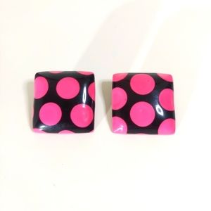 Vintage Hot Pink & Black Polka Dot Arcylic Square Stationary Earrings